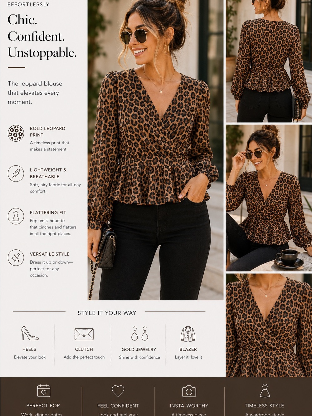 Leopard Print Peplum V-Neck Blouse - Brown